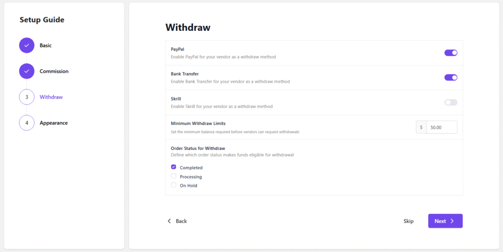 Building Your WordPress Multi-Vendor Marketplace: The Ultimate Dokan Guide 6 Dokan widthraw setup wizard